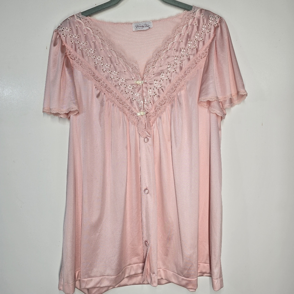Vintage Vanity Fair Pink Button Short Sleeve Pajama Shirt Sz Medium Embroidered